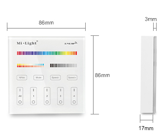Mi-Light B4 RGB+CCT fali vezérlő, elemes, RF, 86x86 mm, 4 zónás