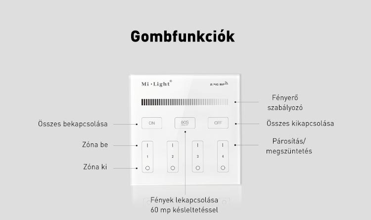 Mi-Light B1 CCT fali RF távvezérlő, elemes, 86x86 mm, 4 zónás