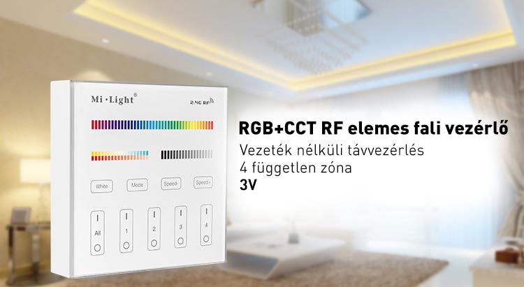 Mi-Light B4 RGB+CCT fali vezérlő, elemes, RF, 86x86 mm, 4 zónás