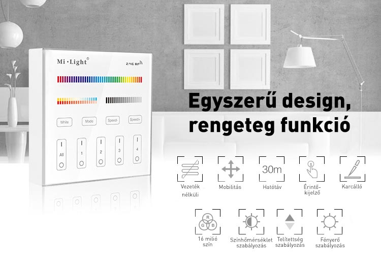 Mi-Light B4 RGB+CCT fali vezérlő, elemes, RF, 86x86 mm, 4 zónás