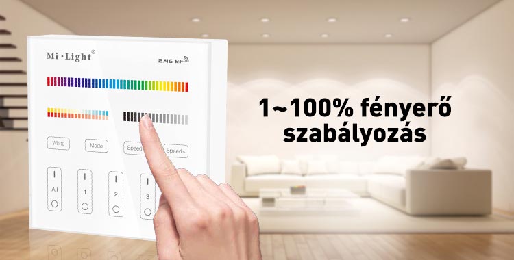 Mi-Light B4 RGB+CCT fali vezérlő, elemes, RF, 86x86 mm, 4 zónás