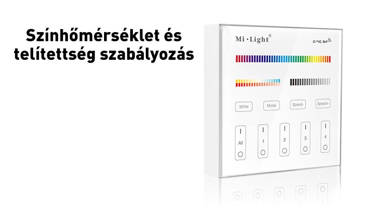 Mi-Light B4 RGB+CCT fali vezérlő, elemes, RF, 86x86 mm, 4 zónás