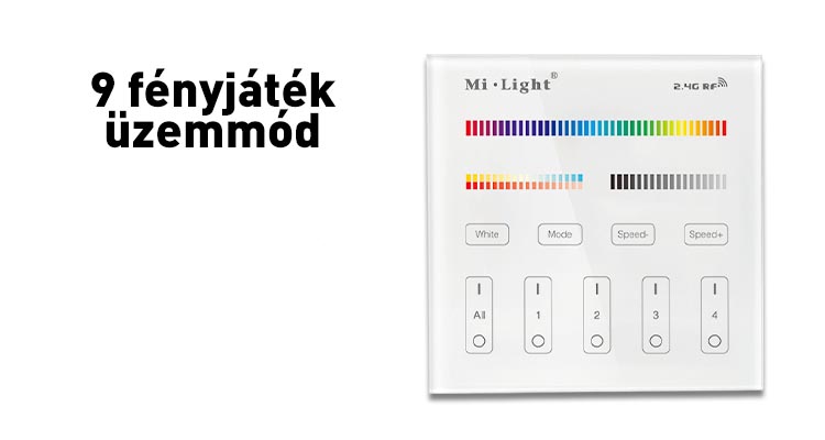 Mi-Light B4 RGB+CCT fali vezérlő, elemes, RF, 86x86 mm, 4 zónás